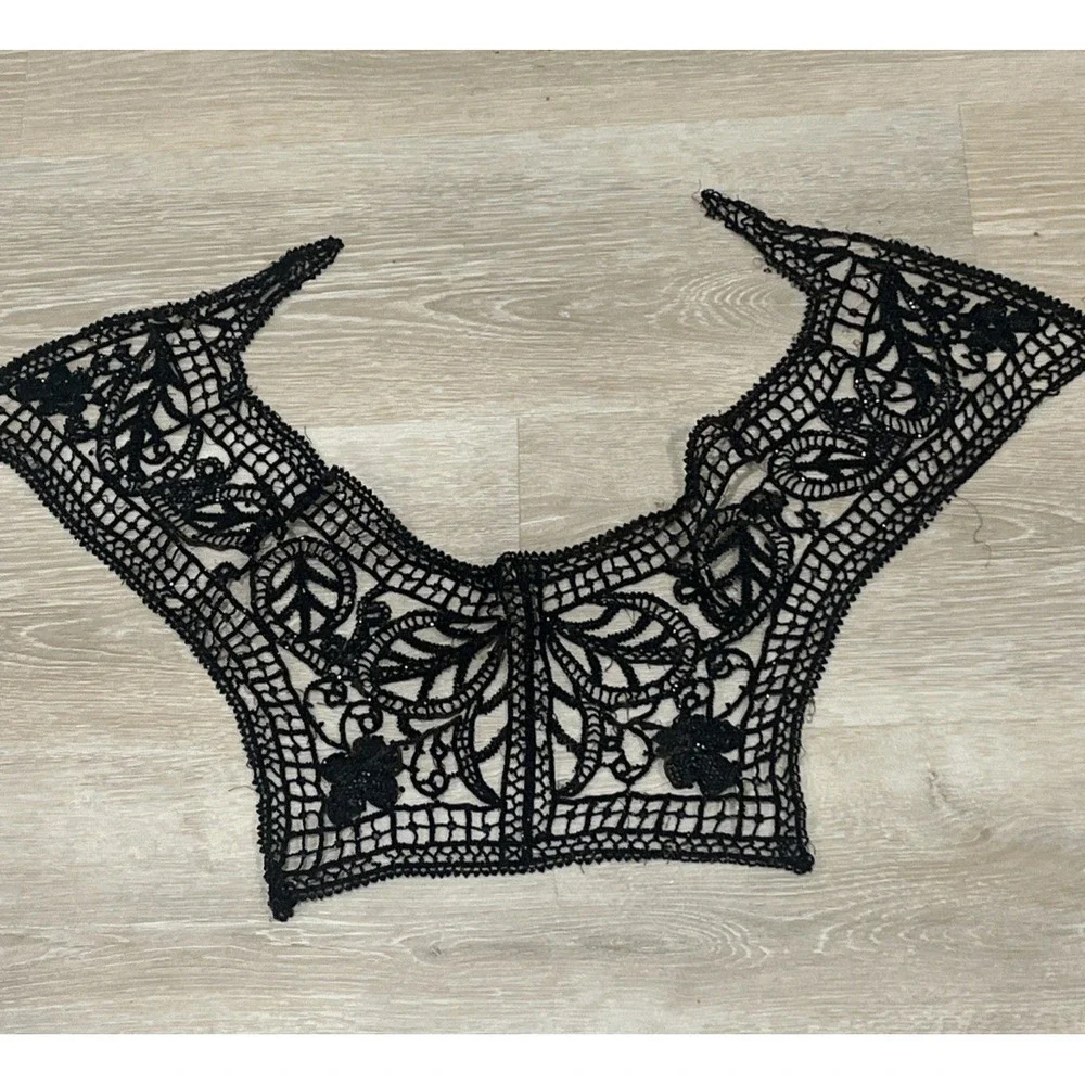 Antique Victorian Beaded Collar Embellisment Appliqué Black On Netlace Ornate